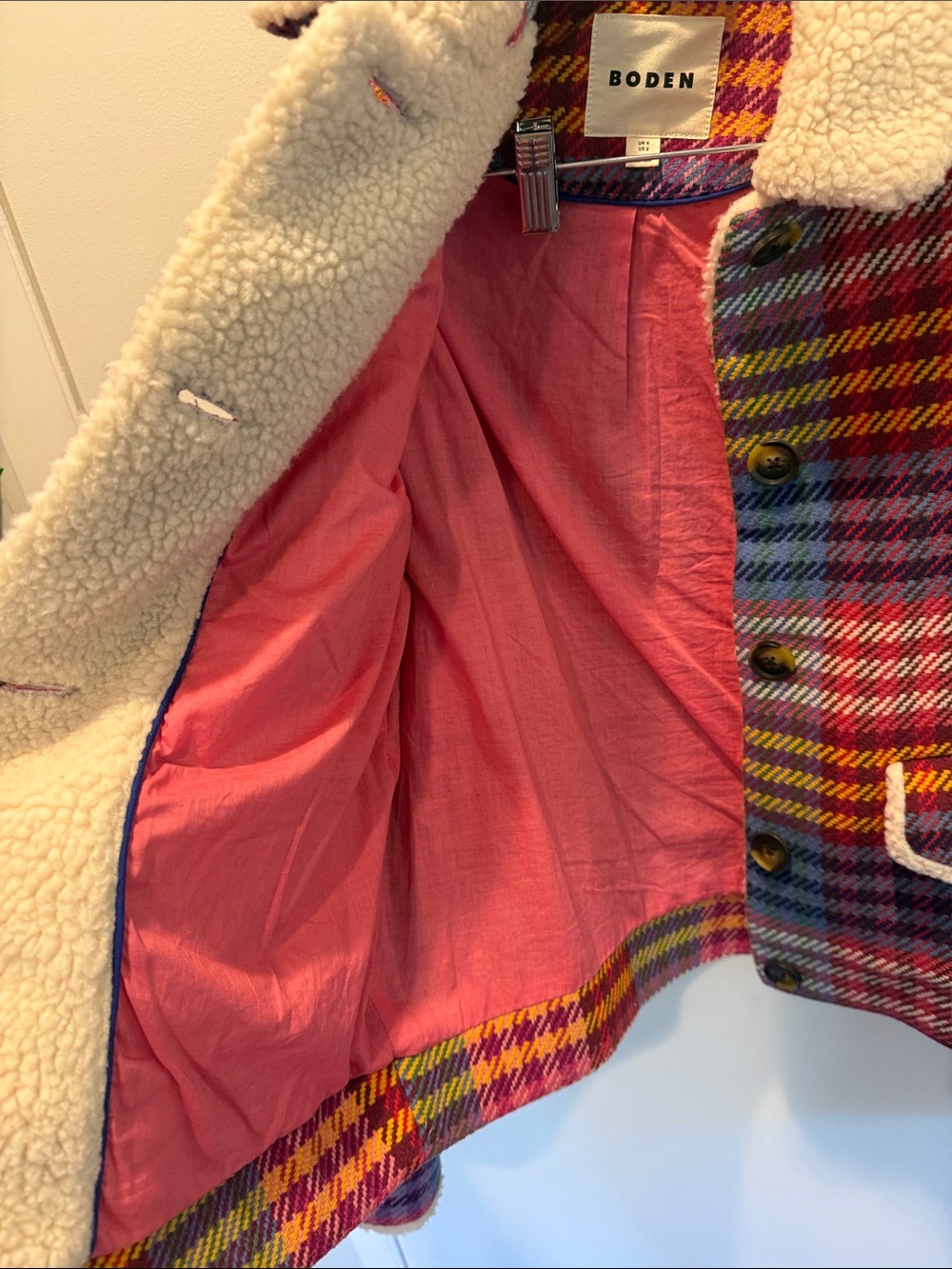 Boden Multicolor Plaid Teddy-Collar Cropped Jacket - Picture 4 of 6